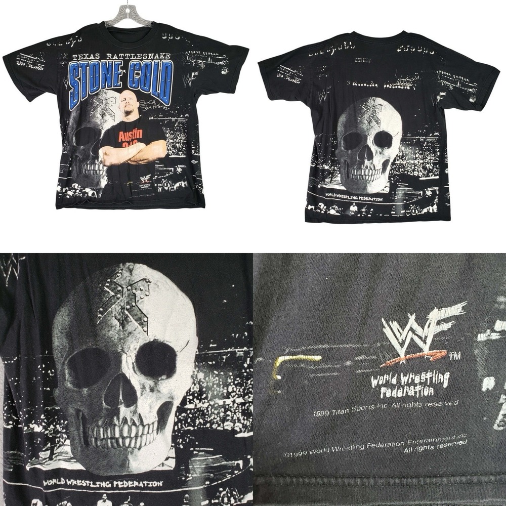 Vtg 90s Stone Cold Steve Austin All Over Print T-Shirt M/L WWF Wrestling Tee 316